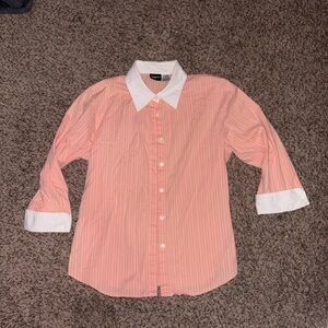 Y2K coral striped button-up shirt with white collar and cuffs